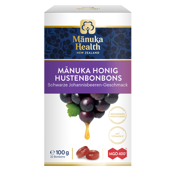 Manuka Health - Manuka Honig Hustenbonbons Schwarze Johannisbeere Karton vorne