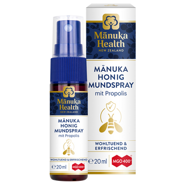 Manuka Health - Manuka Honig Mundspray MGO 400+ Karton und Sprühflasche vorne