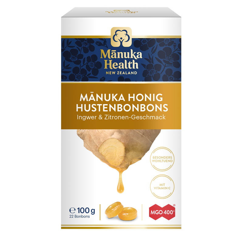 Manuka Health - Manuka Honig Hustenbonbons Ingwer-Zitrone Karton vorne