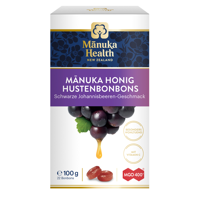 Manuka Health - Manuka Honig Hustenbonbons Schwarze Johannisbeere Karton vorne