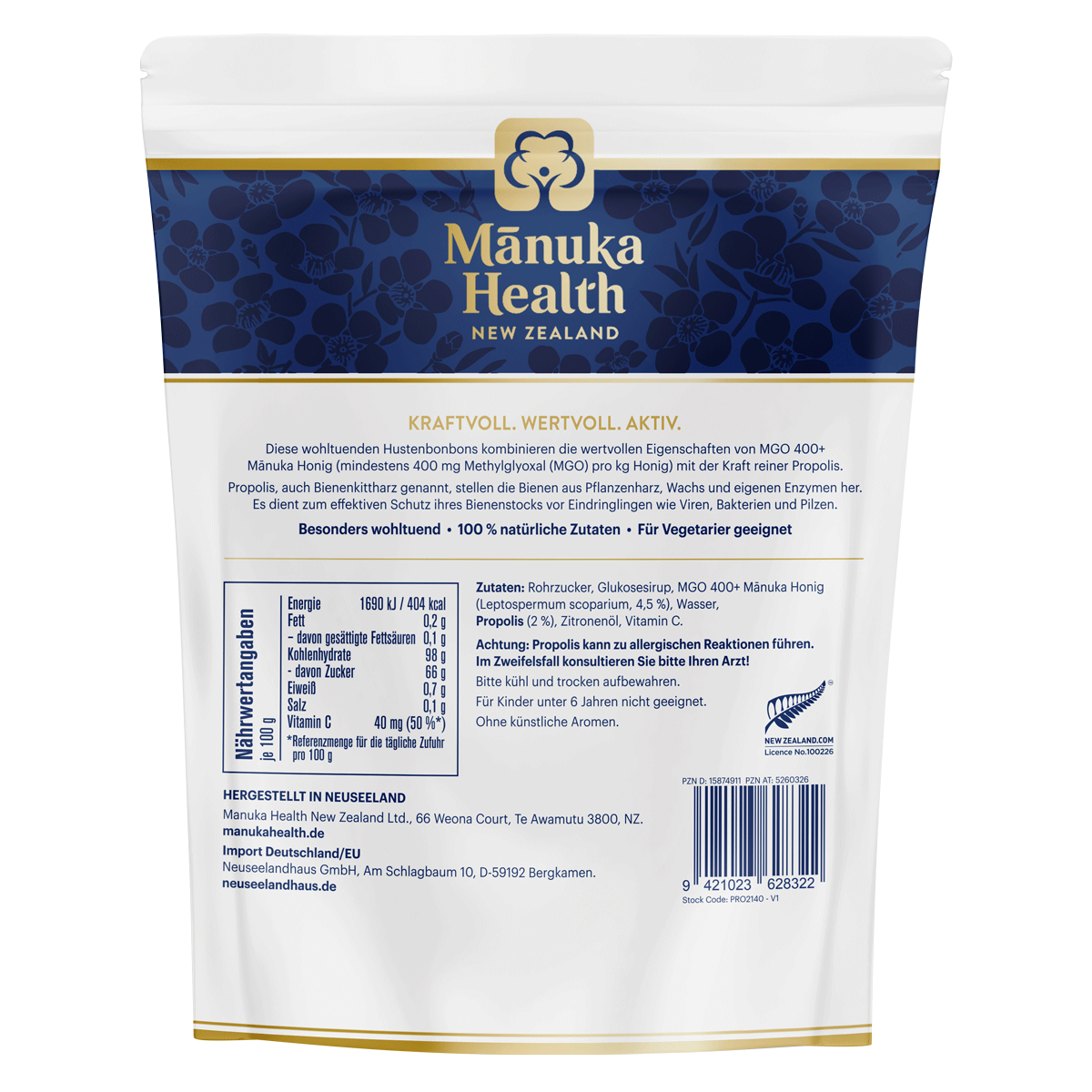 Manuka Health - Manuka Honig Hustenbonbons Propolis 250g Verpackung hinten