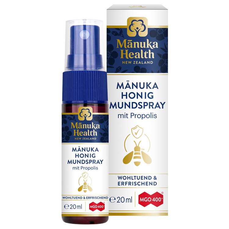Manuka Health - Manuka Honig Mundspray MGO 400+ Karton und Sprühflasche vorne