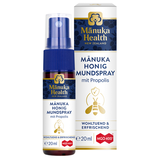 Manuka Health - Manuka Honig Mundspray MGO 400+ Karton und Sprühflasche vorne