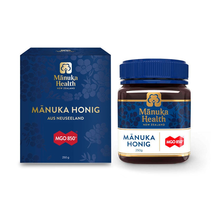 Manuka Health - Manuka Honig MGO 850+, 250g Honigglas und Karton vorne